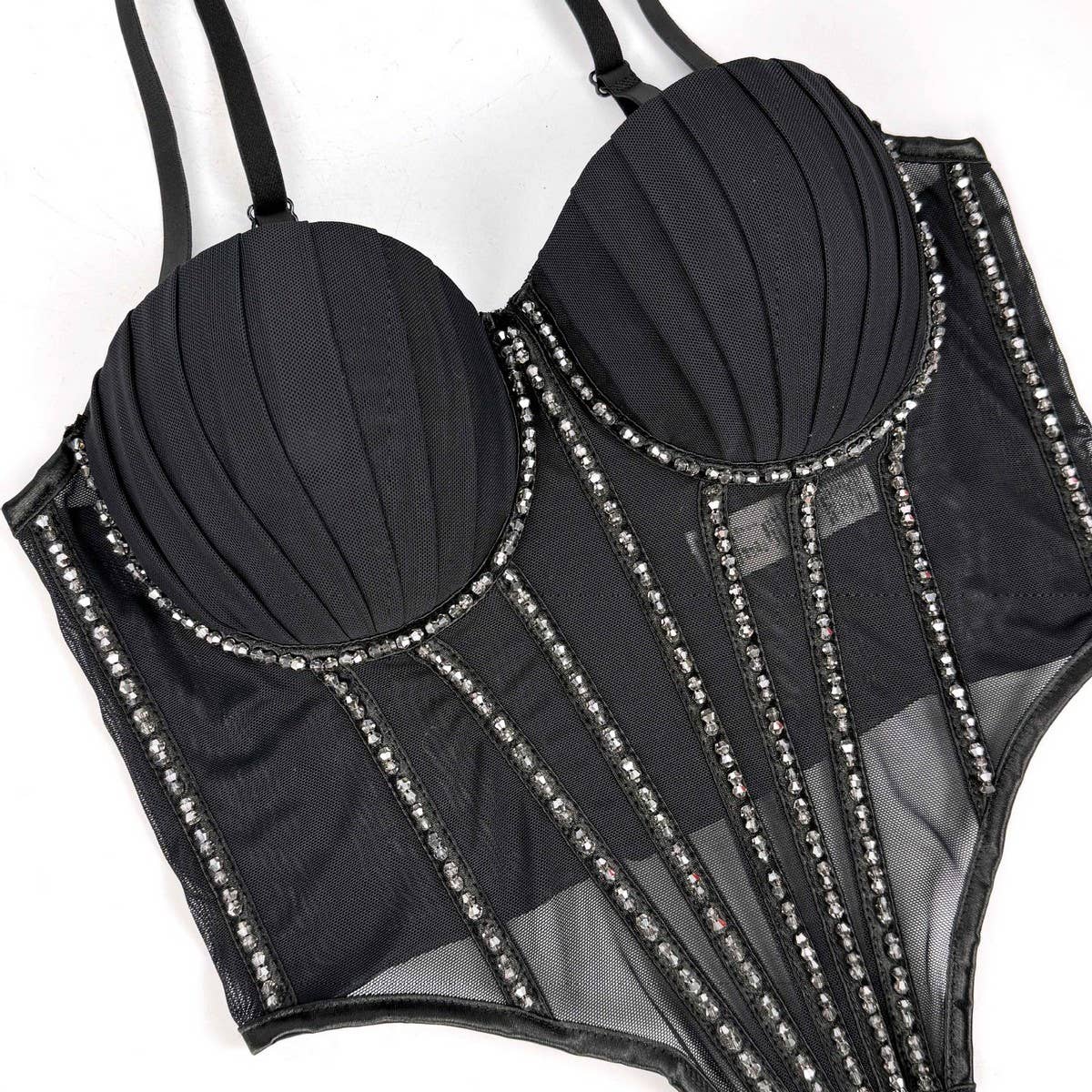 SEXY MESH RHINESTONE HERRINGBONE BRA