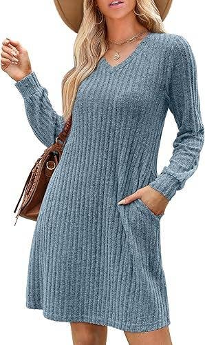 V-NECK POCKET FROSTED LONG-SLEEVED CASUAL DRESS