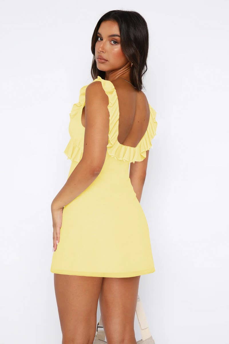 CWDSD7270_V-NECK PLEATED RUFFLE SLEEVELESS DRESS