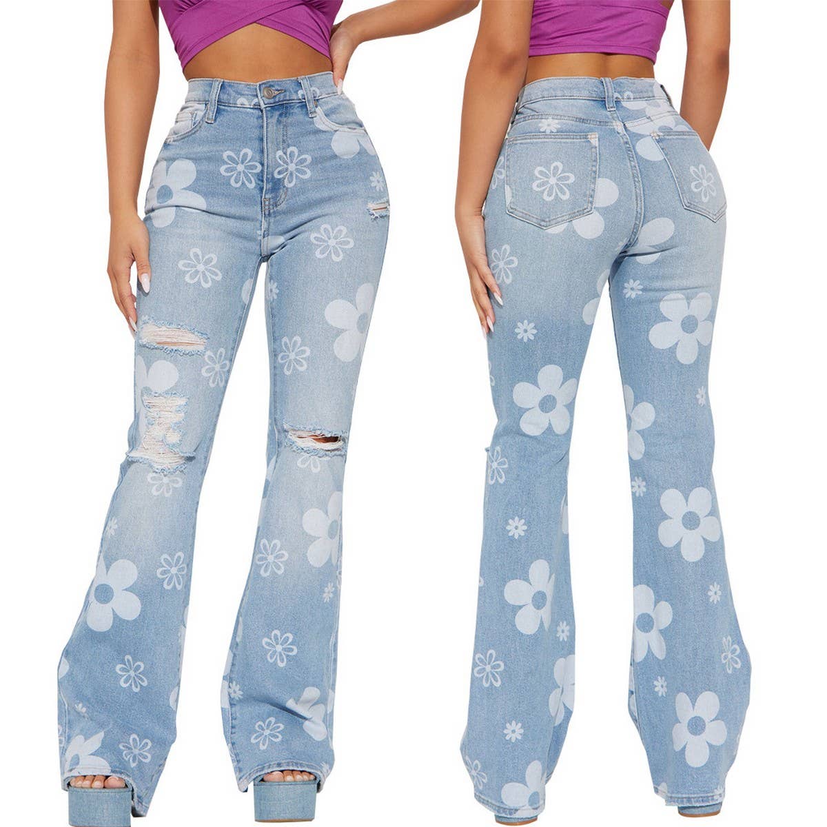 FLOWER PRINTED DENIM SLIM FLARED PANTS_CWJP0091