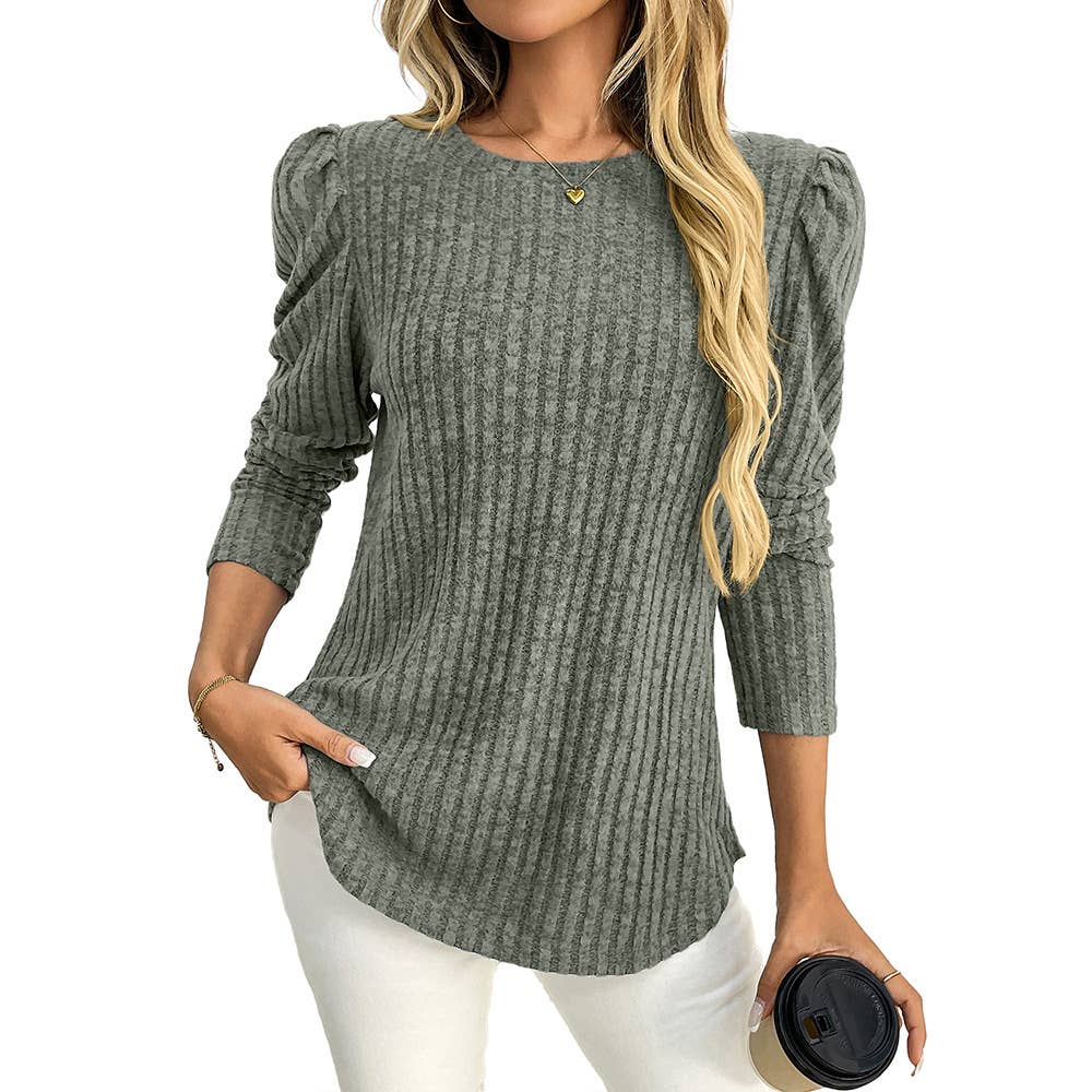 Round-neck puffed-sleeve brushed striped T-shirt