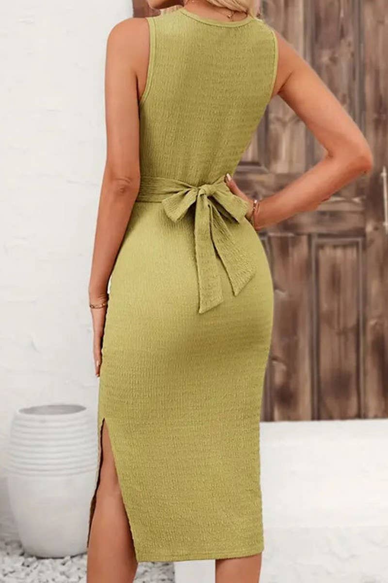 CWDMD4883_SOLID COLOR TWIST TIE BOW SLEEVELESS DRESS