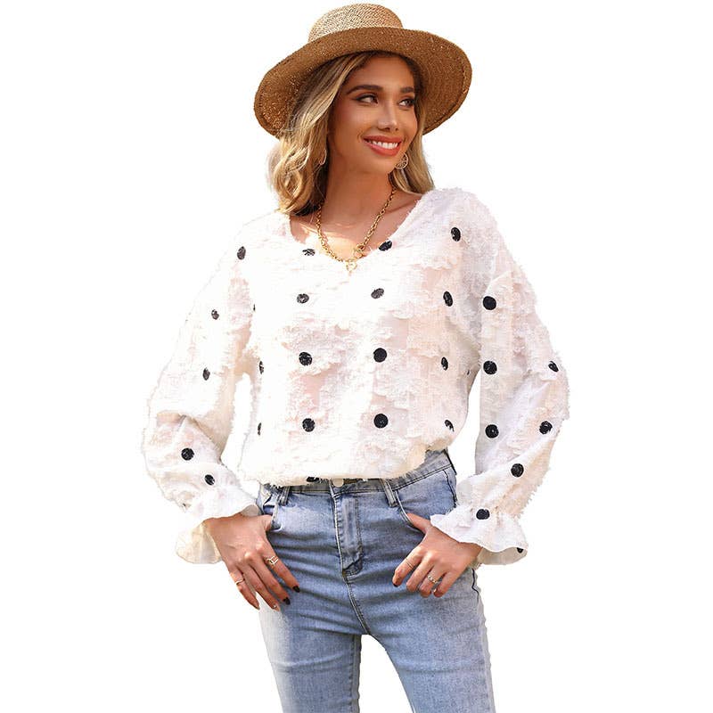 SEE-THROUGH PULLOVER V-NECK POLKA DOT SHIRT