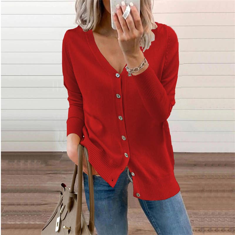 Solid-color button long-sleeved cardigan