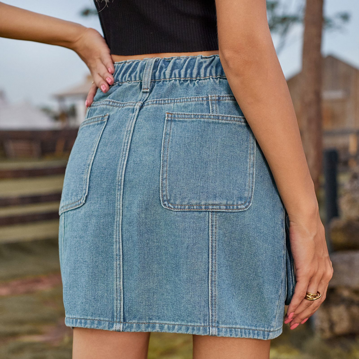 Washed Denim Mini Skirt Women Cargo Style