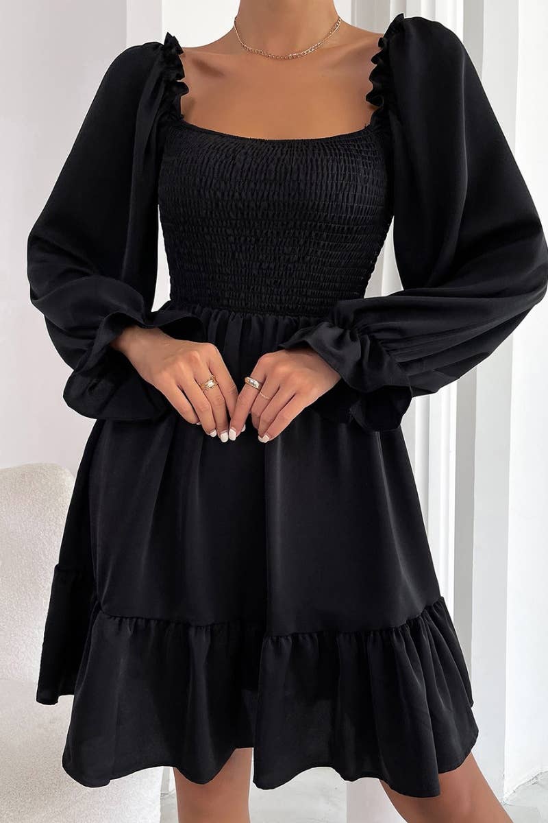 CWDSD6410_SQUARE NECK LONG SLEEVE PEPLUM DRESS SHORT