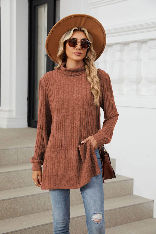 Half High Neck Long Sleeve Slit Pocket Shirt