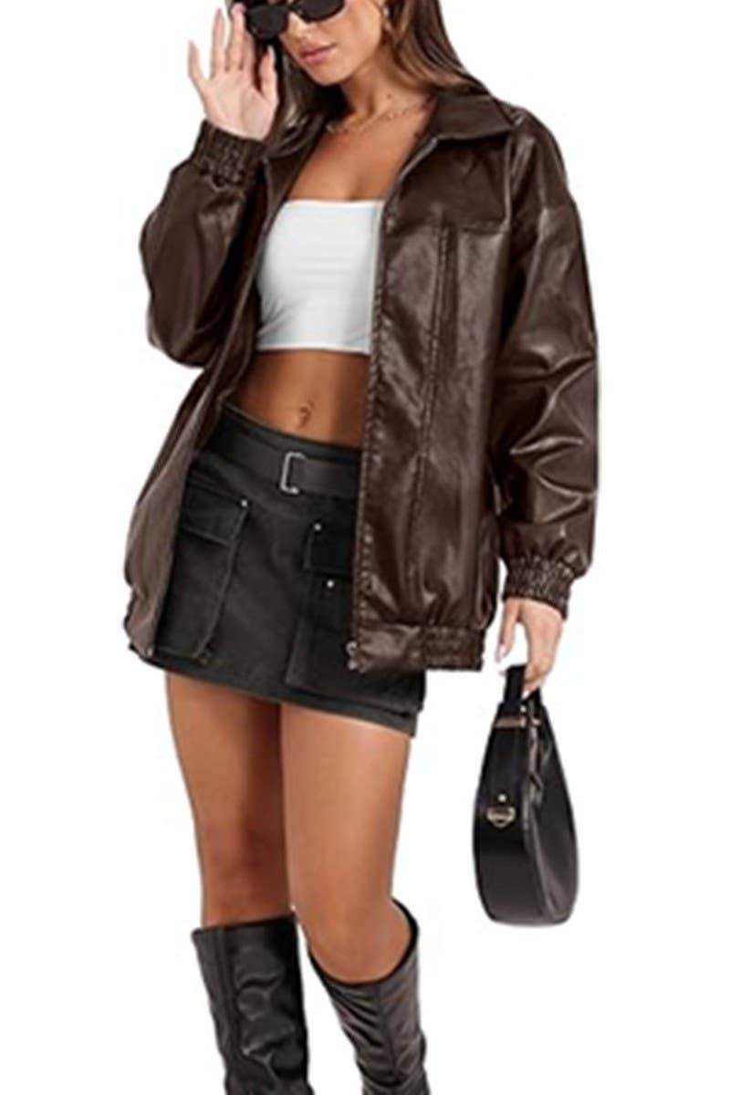 CWOCO1150_LAPEL ZIPPER SIDE POCKET PU LEATHER JACKET
