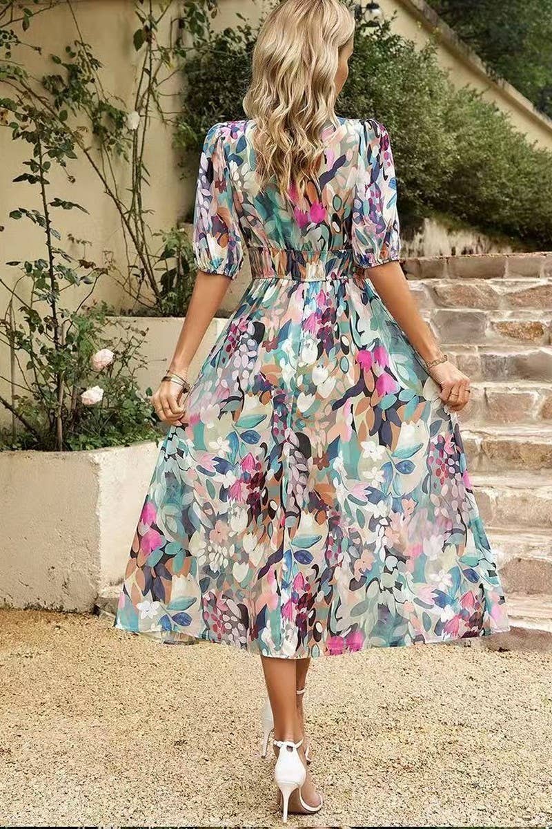 CWDMD5833_FLORAL V-NECK CINCHED WAIST MAXI DRESS