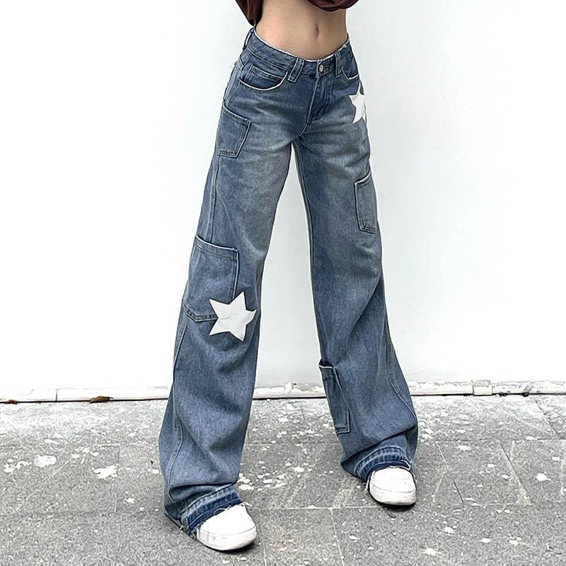 Aged five-pointed star printed high-waisted jeans