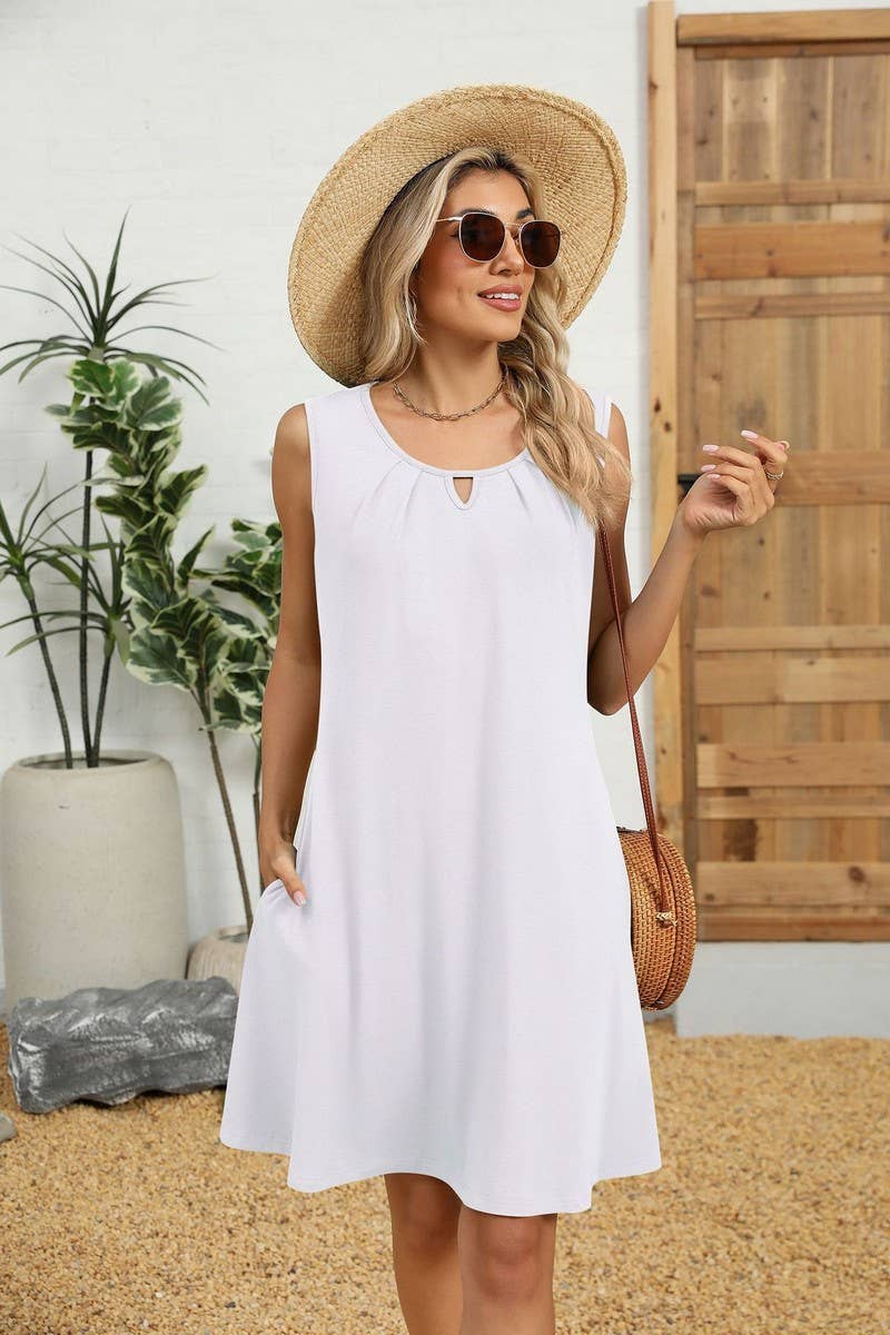 CWDSD8718_SOLID V-NECK RUCHED POCKET SLEEVELESS DRESS