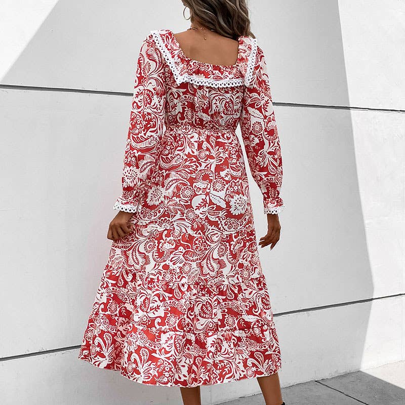 LACE SQUARE COLLAR LONG-SLEEVED PRINTED DRESS