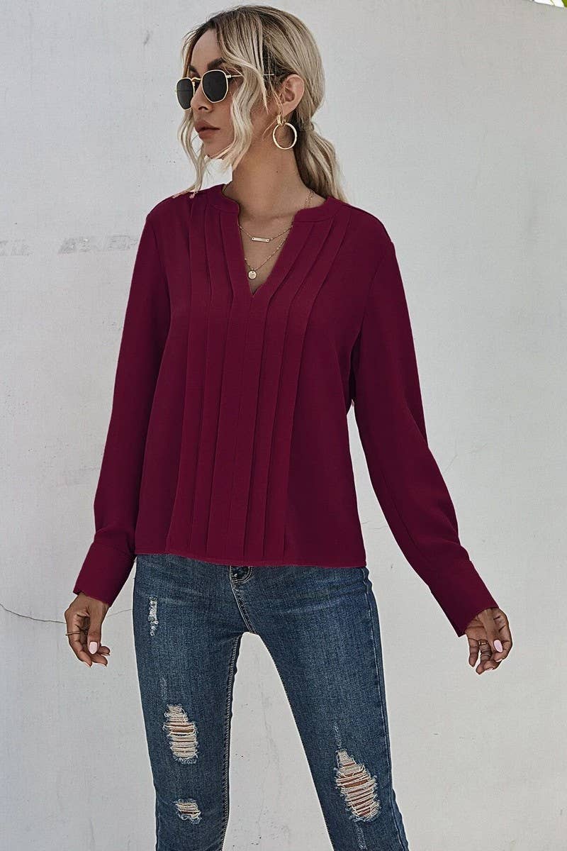 V NECK LONG SLEEVED PLEATED PULLOVER SHIRT_CWTSTL0695