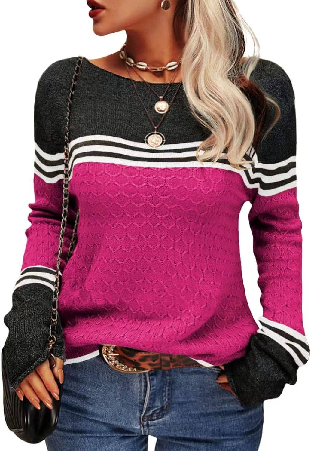 STYLISH CREW-NECK SWEATER WITH STRIPES AND COLORS