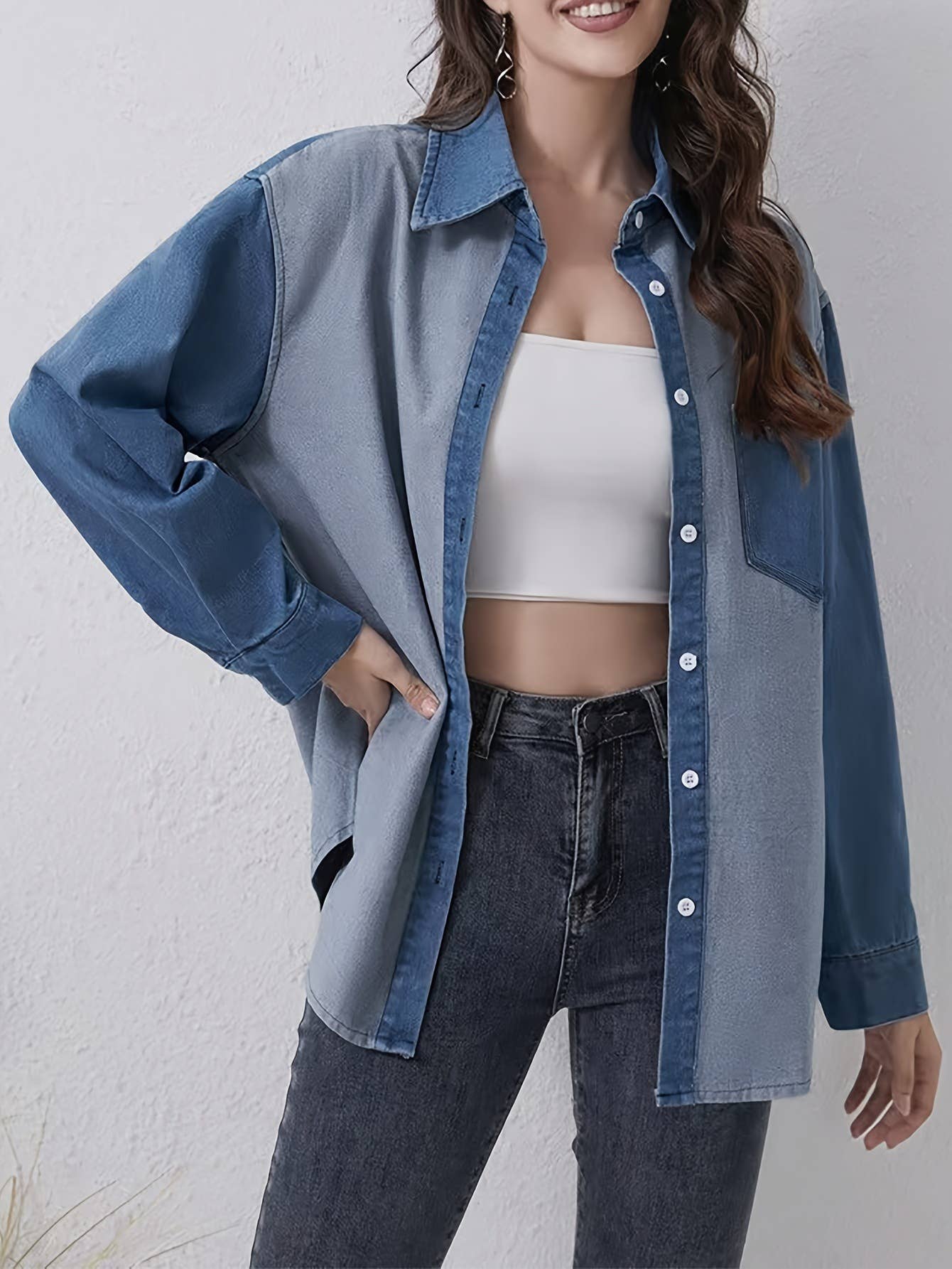 LAPEL SINGLE BREASTED COLOR MATCHING DENIM SHIRT