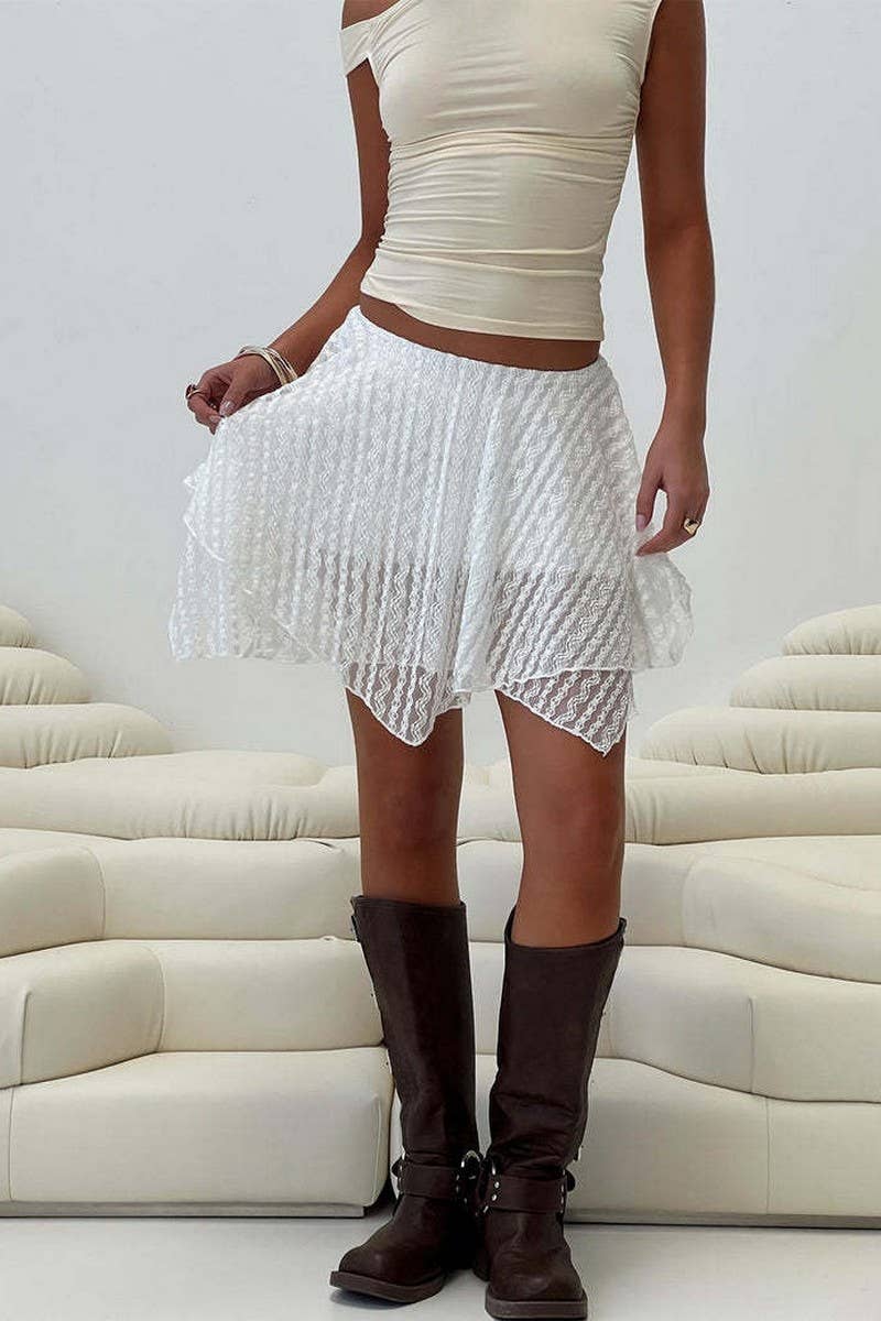 CWBSS0483_WHITE ASYMMETRICAL LACE MESH SKIRT