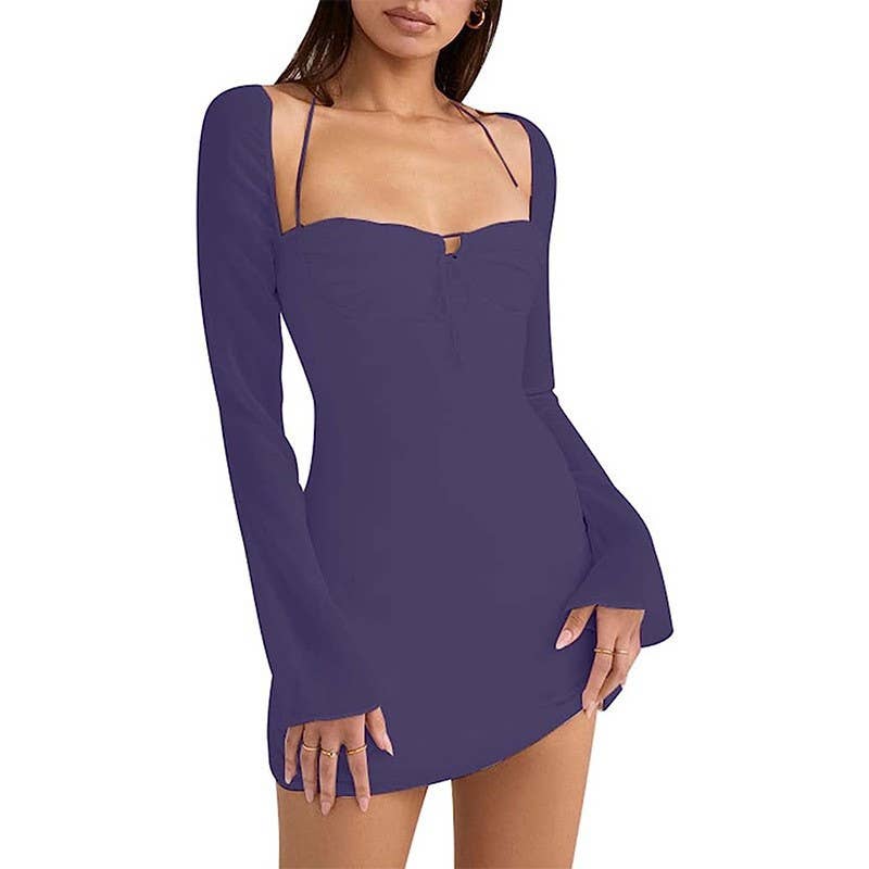 Sexy lace-up halter flared sleeve sheath dress