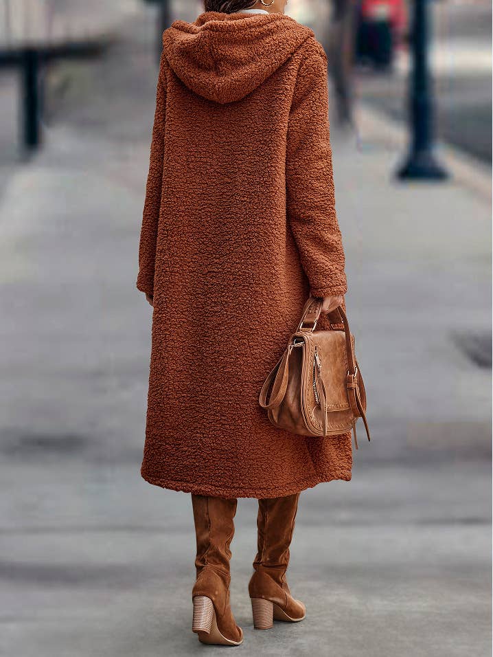 SOLID COLOR LONG-SLEEVED PLUSH HOODED JACKET