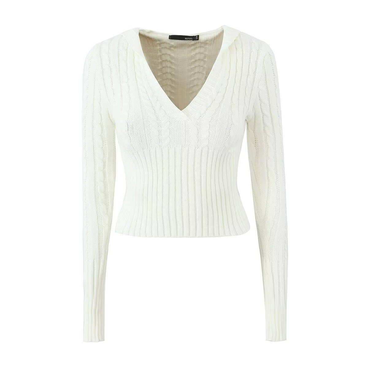 V-NECK HOODED SHORT KNIT SWEATER