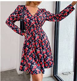 Printed high-waisted V-neck long sleeve dress