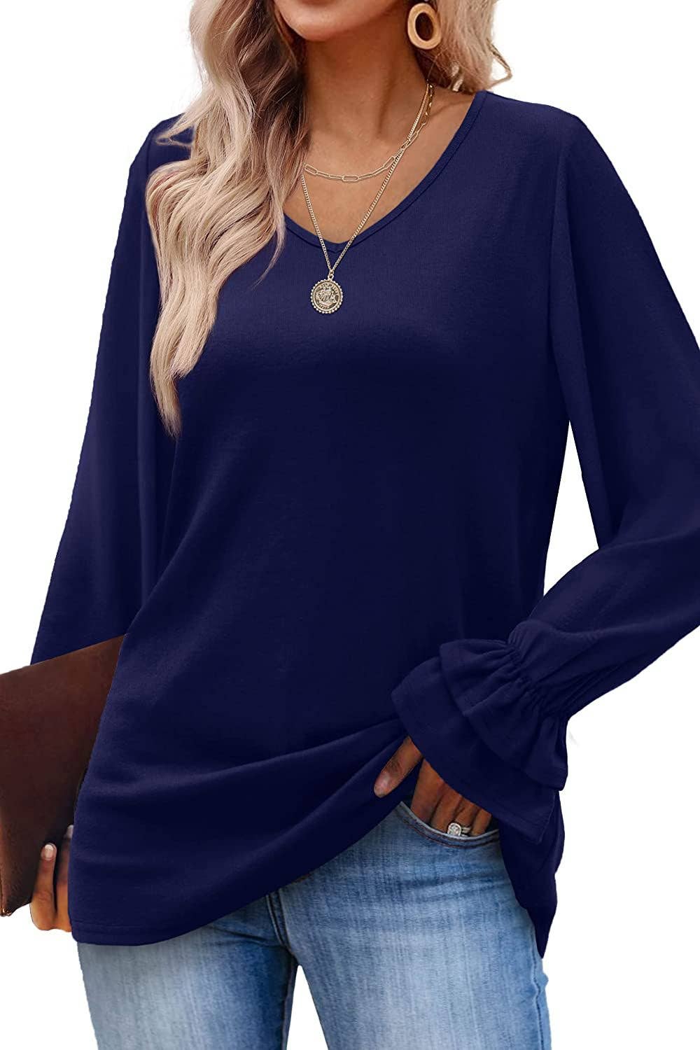 FLARED LONG SLEEVE SOLID COLOR T-SHIRT BLOUSE