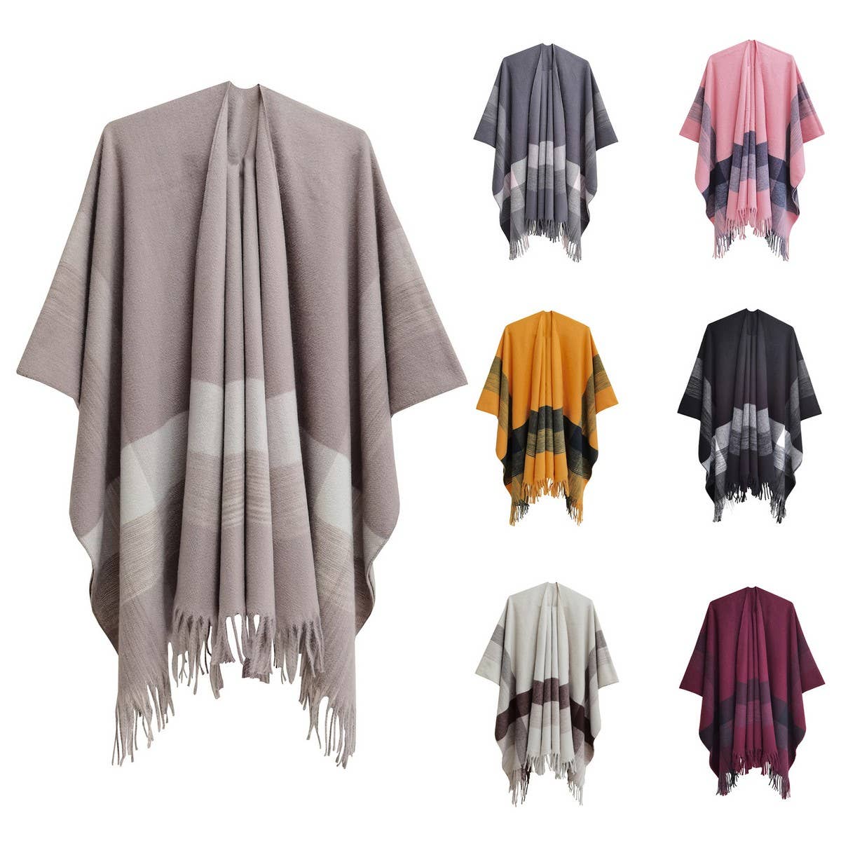 MONOCHROME STRIPED TASSEL WARM SHAWL CLOAK