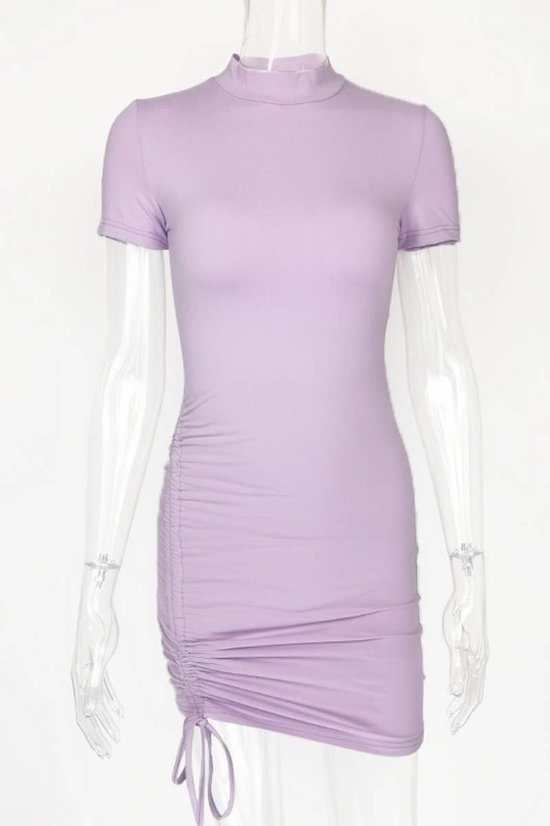 CWDSD7448_PLEATED SHORT SLEEVE HALF TURTLENECK TIGHT DRESS