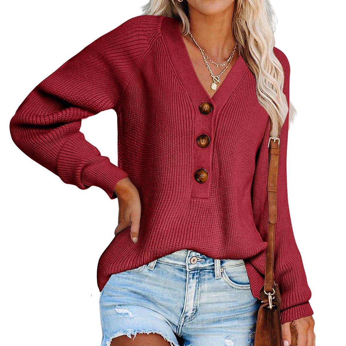 KNIT PULLOVER V-NECK SINGLE BREASTED SWEATER