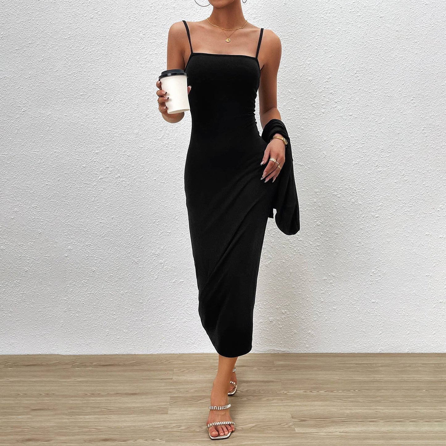 SOLID COLOR HALTER DRESS LONG SLEEVE TOP