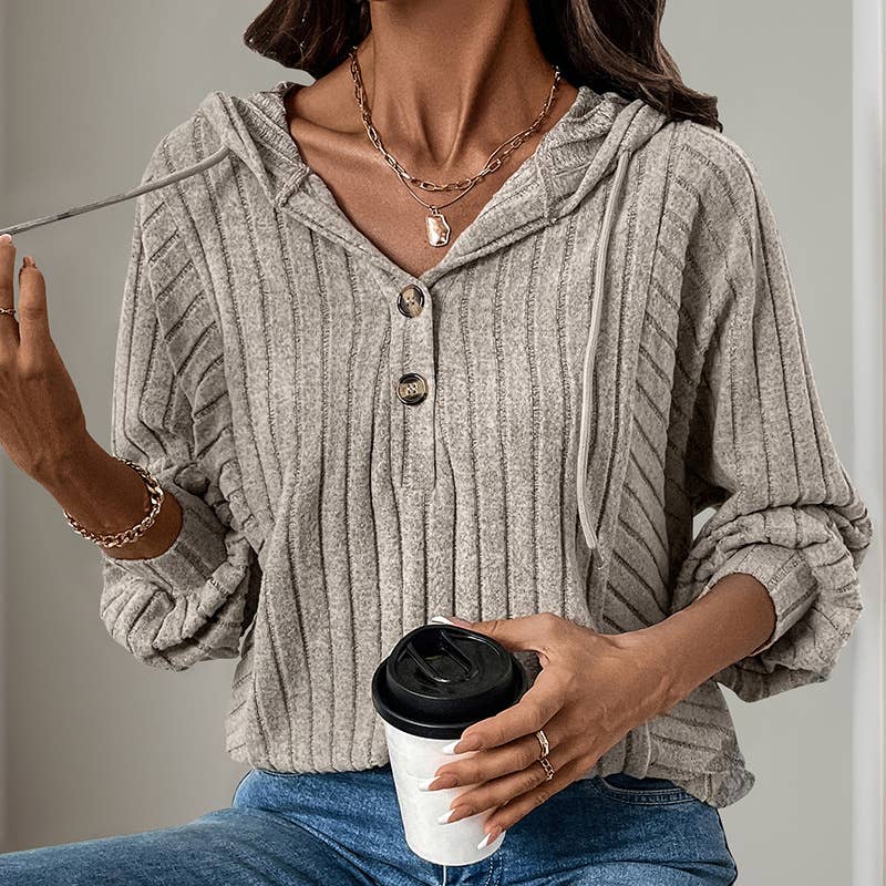 SOLID COLOR WOOLEN PIT STRIP HOODIE FOR WOMEN