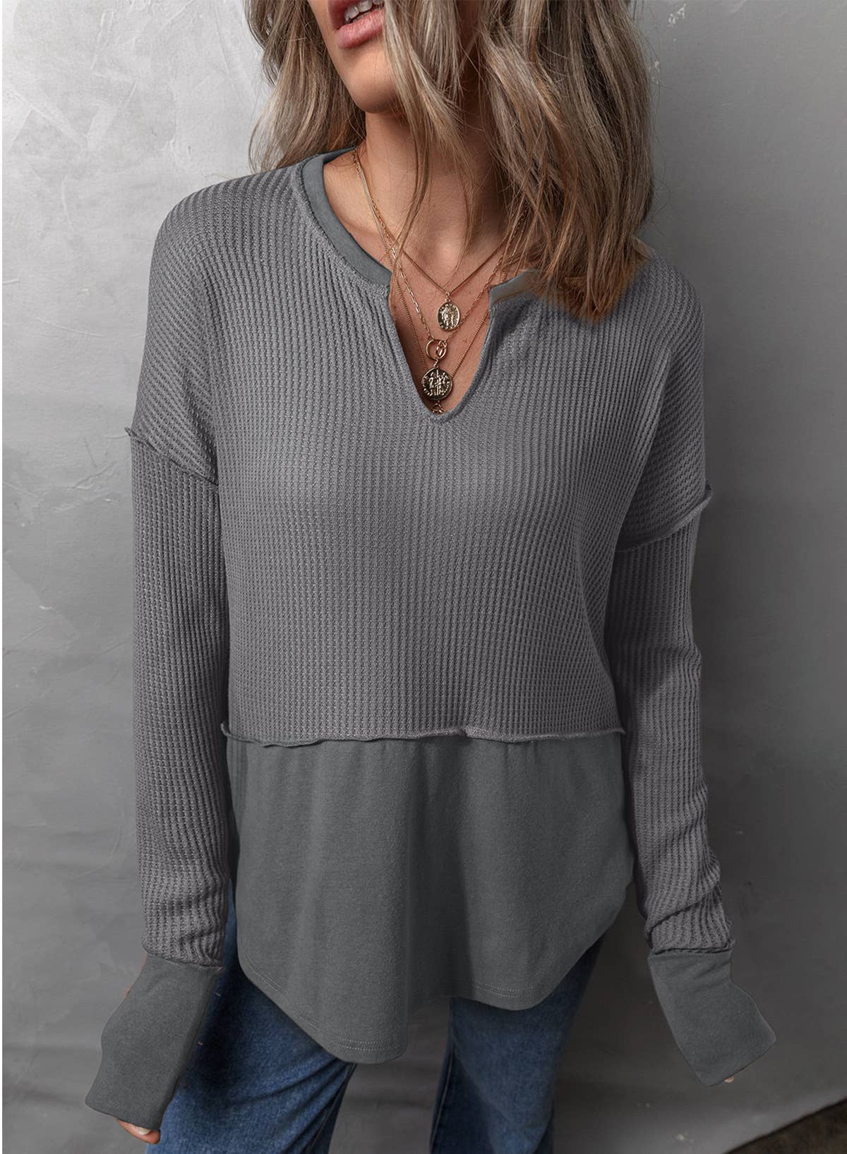 Solid color long sleeve stitched loose hoodie