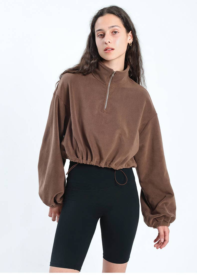 Adjustable hem semi-zipper fleece hoodie