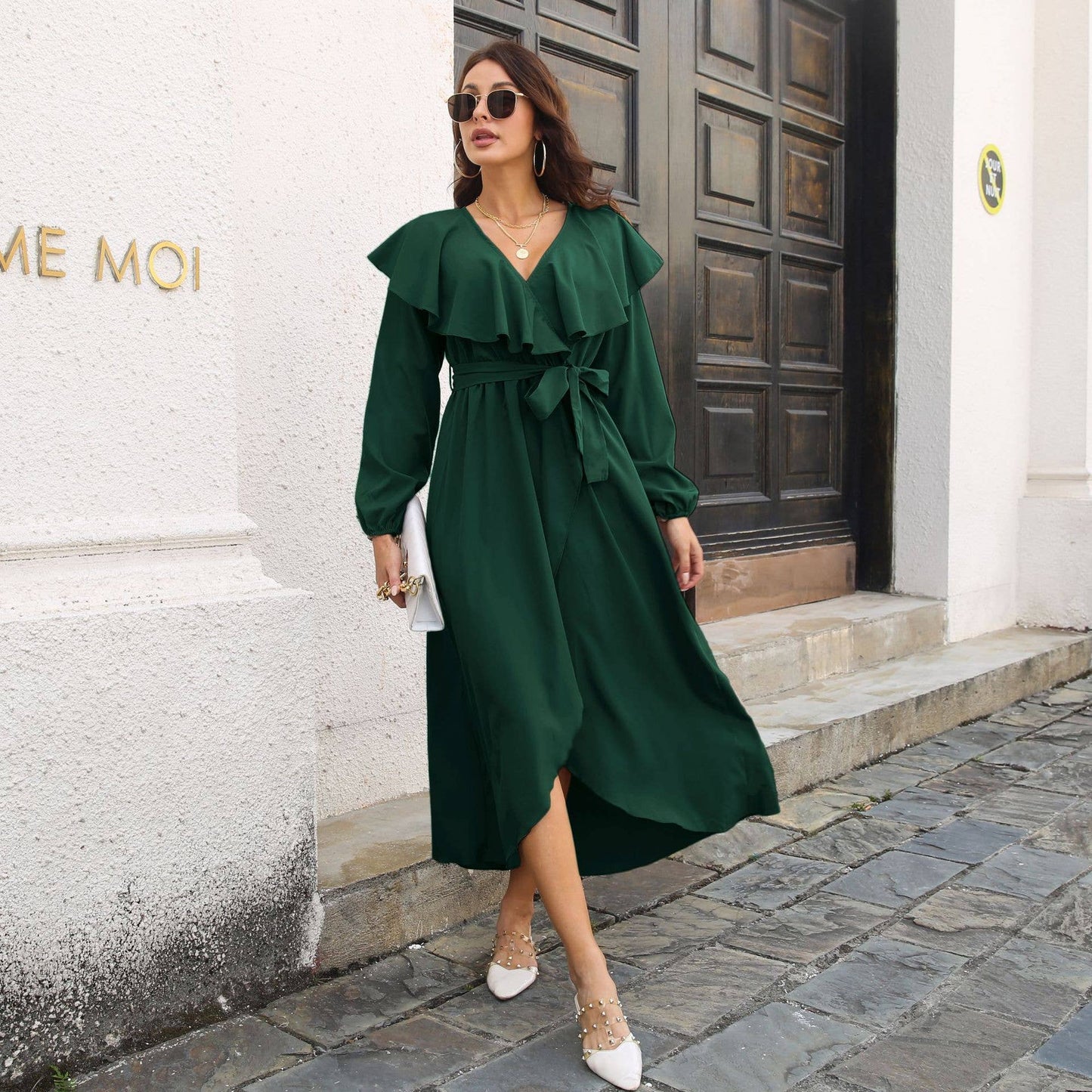 RUFFLED V-NECK LONG-SLEEVED DRESS WITH SLIT