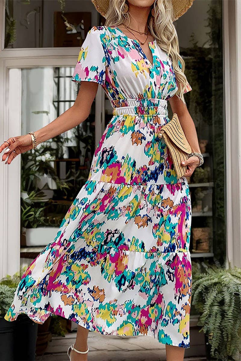 CWDMD4488_SUMMER V-NECK PRINTED MID-LENGTH DRESS FOR WOMEN