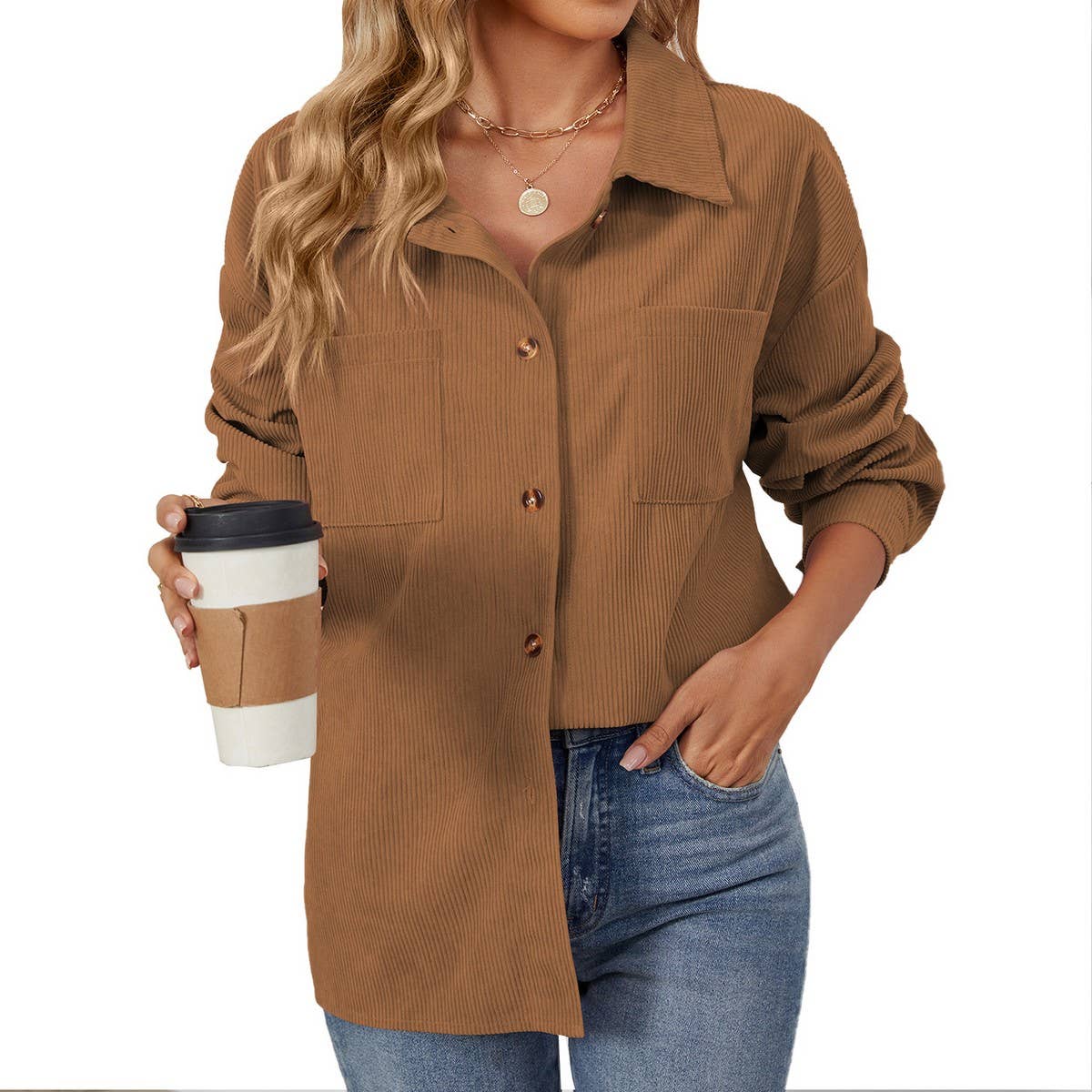 Lapel button solid color patchwork shirt jacket