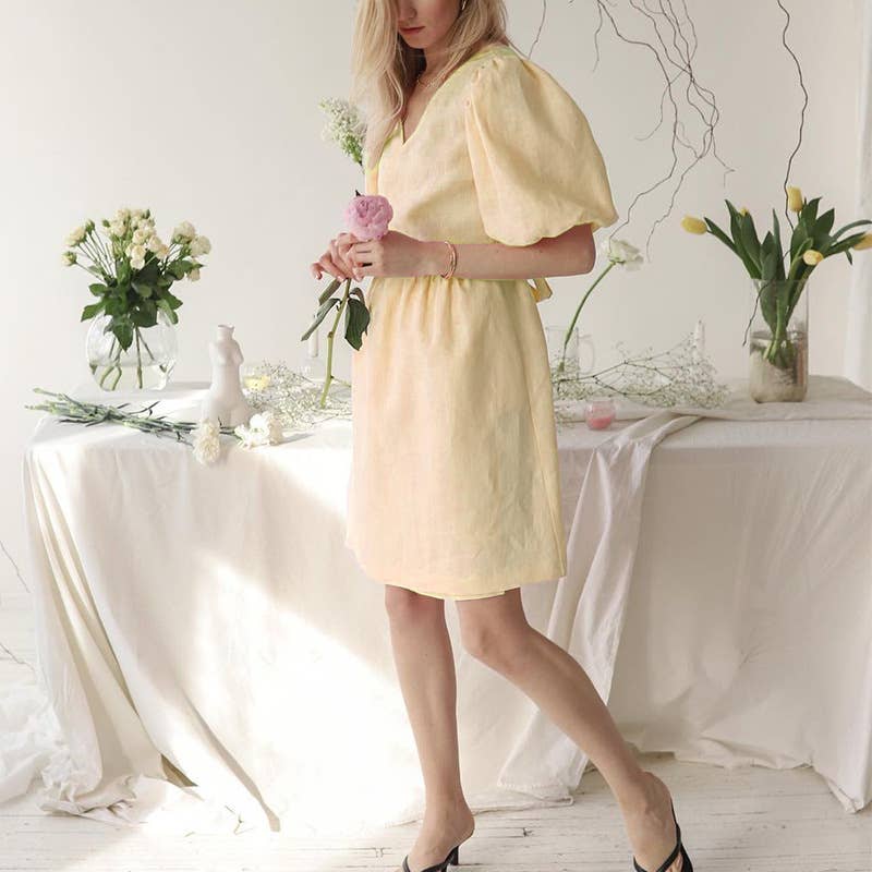 V-NECK PUFFED SLEEVE COTTON LINEN DRESS