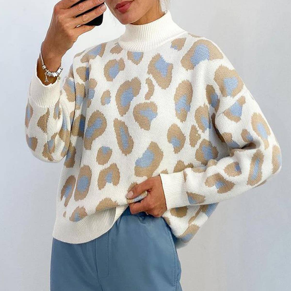 LEOPARD-PRINT HALF-TURTLENECK SWEATER LOOSE WOOL