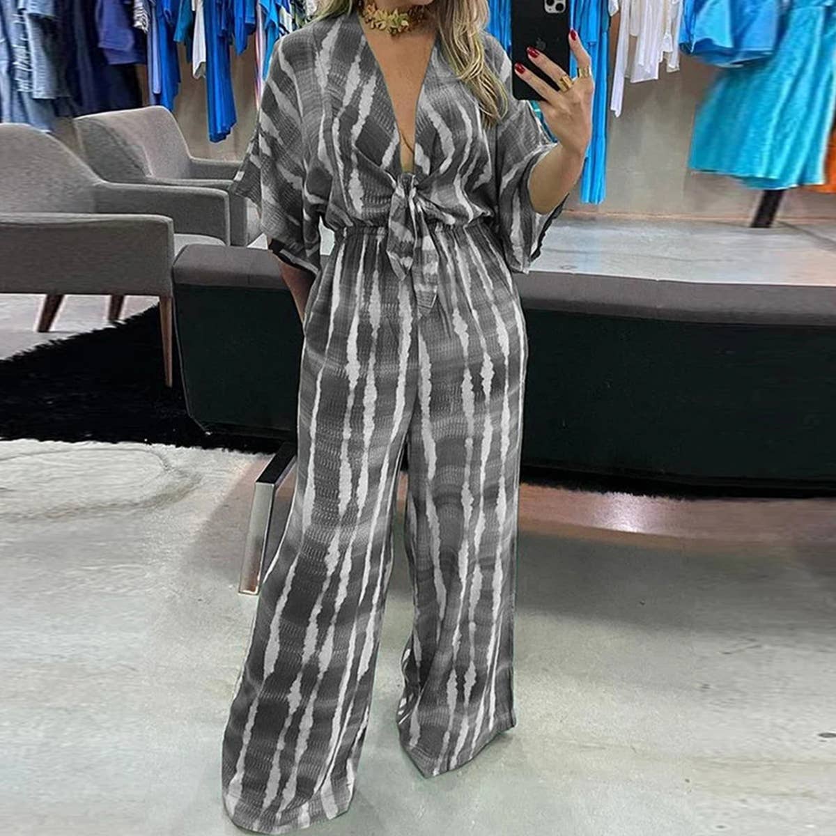 V-neck lace-up loose jumpsuit