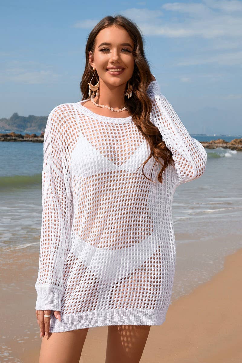 CWOSWL2073_Round Neck Long Sleeve Bikini Cover Top