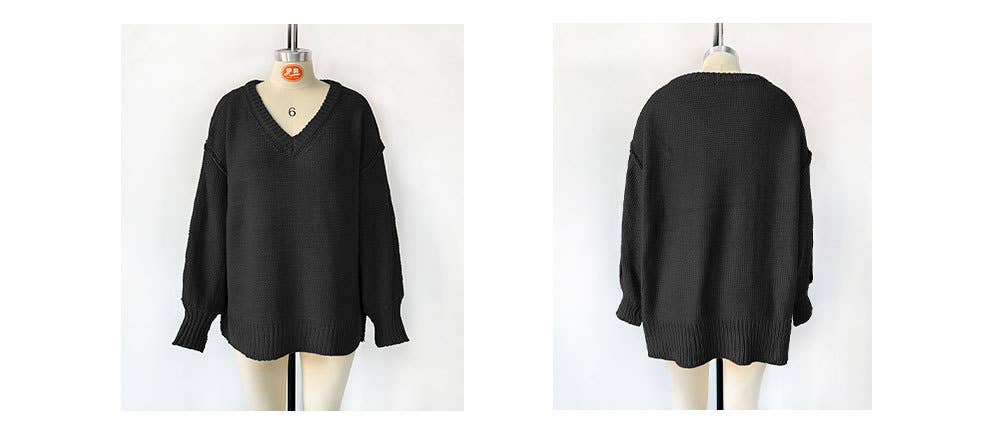 V-neck loose solid color long-sleeved sweater