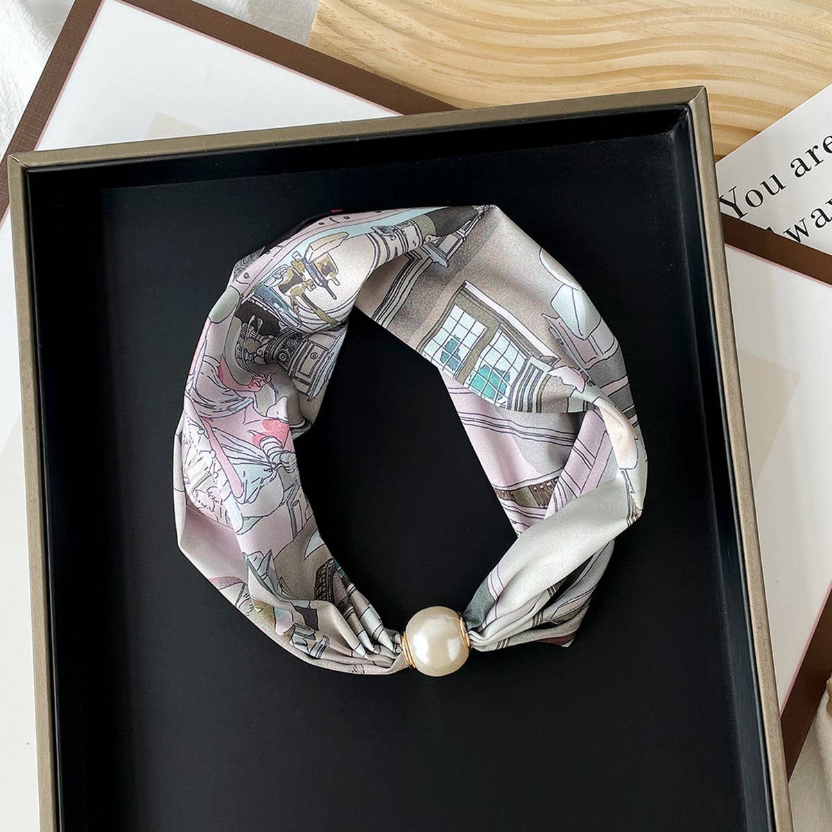Silky Print Scarf Necklace ? Pearl Magnetic Clasp