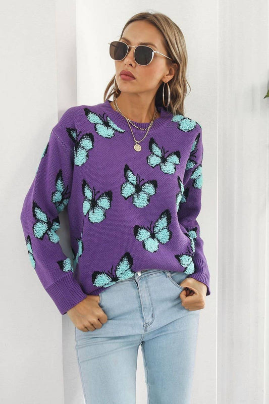 Cwoswl3964_3D Butterfly Jacquard Crewneck Knitted Sweater