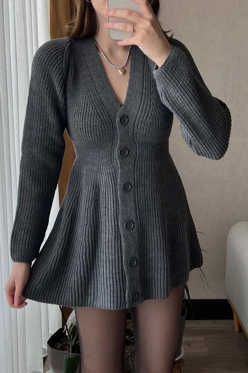 CWDSD10835_V-NECK SOLID LONG SLEEVE SWEATER DRESS