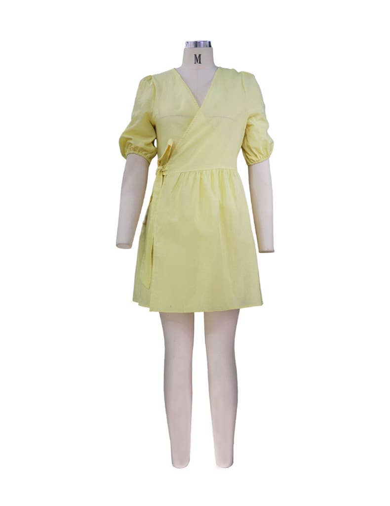 V-NECK PUFFED SLEEVE COTTON LINEN DRESS