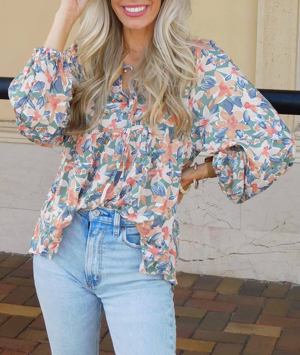 Lace-up printed loose shirt for women