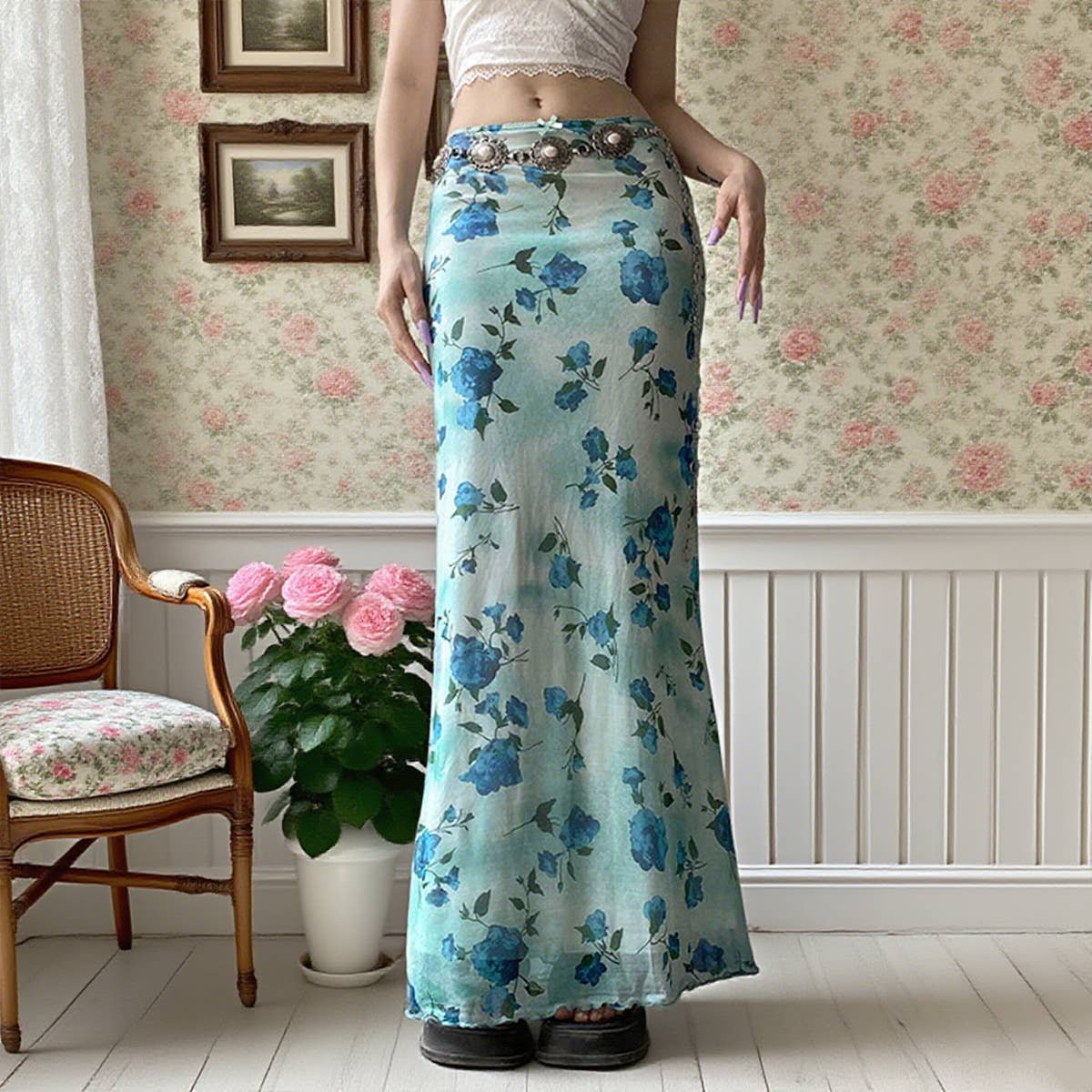Retro-style color-blocking printed tulle skirt