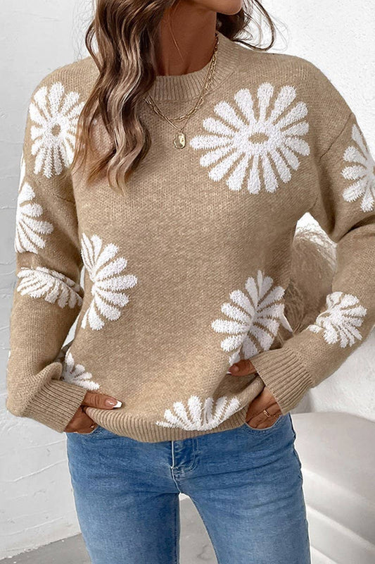 Cwoswl3781_Floral Print Long-Sleeved Knitted Sweater