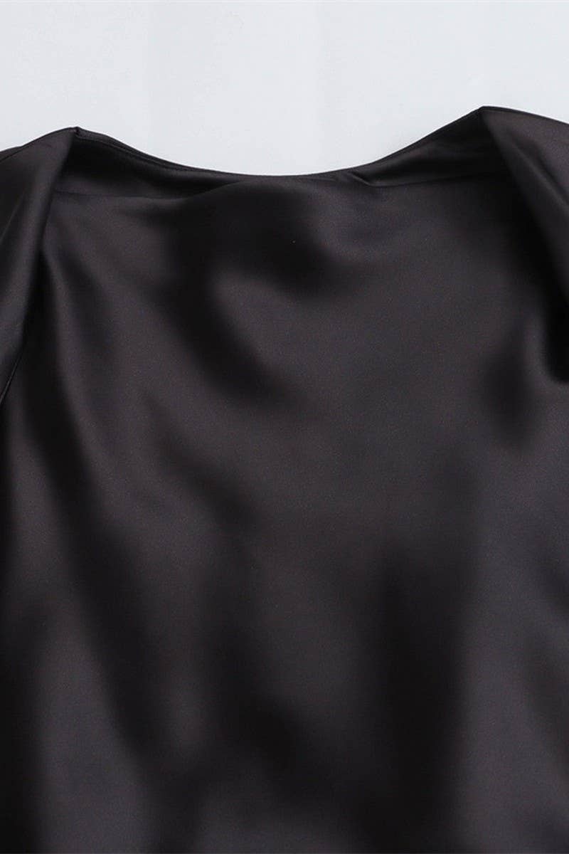 CWDMD4173_ROUND NECK SLEEVELESS BLACK SATIN DRESS