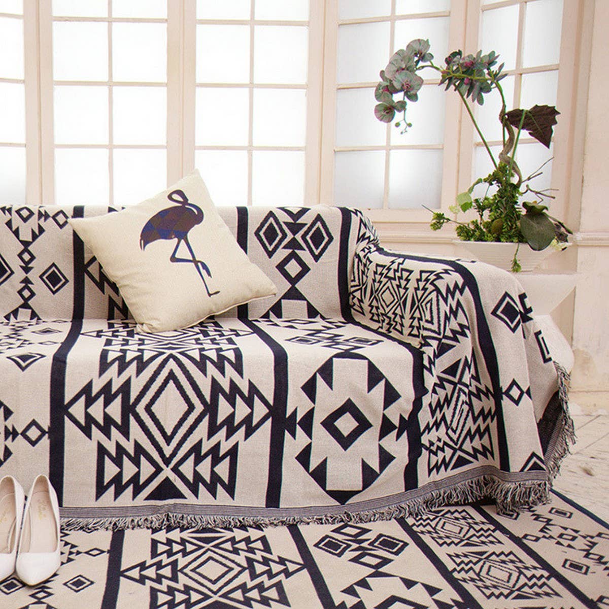 Cotton Sofa Throw Blanket with Geometric Print