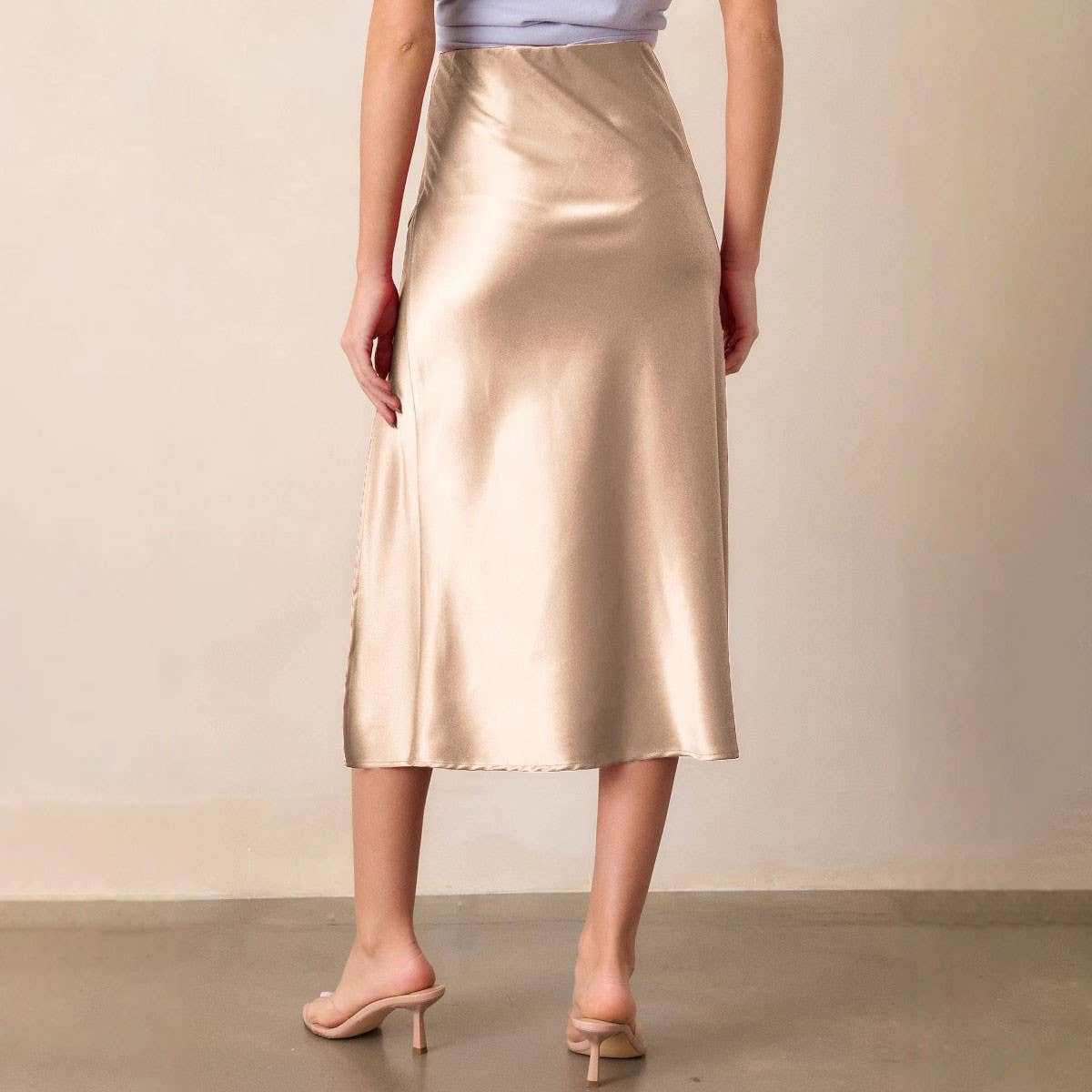 SATIN SKIRT HIGH WAIST ELASTIC SLANTED LONG SKIRT